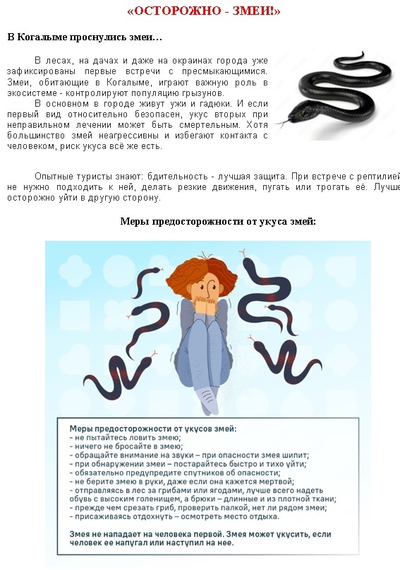 Меры предосторожности от укусов змей.
